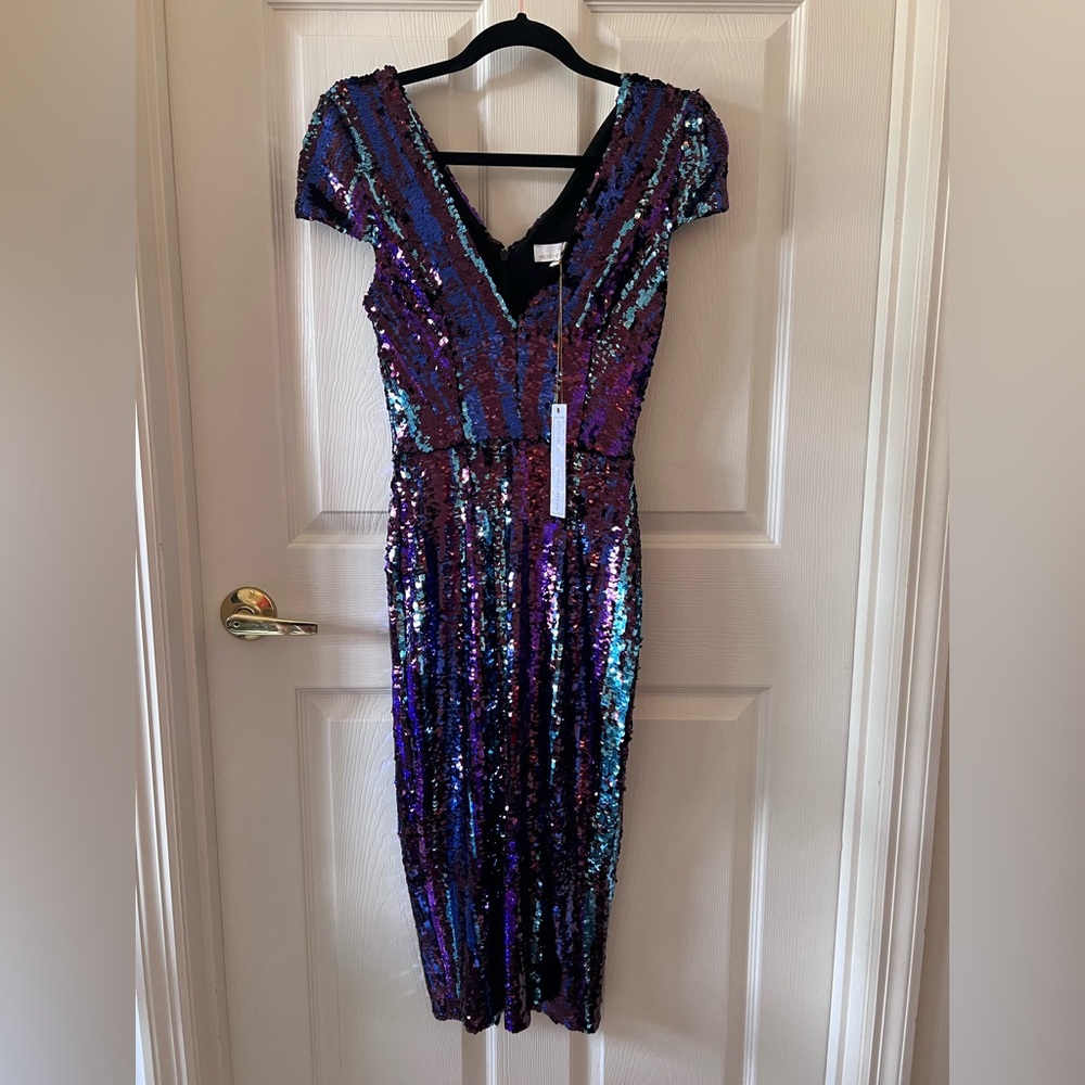 Dress the Population Mae Multicolor Sequin XS Party Cocktail Midi Dress NWT